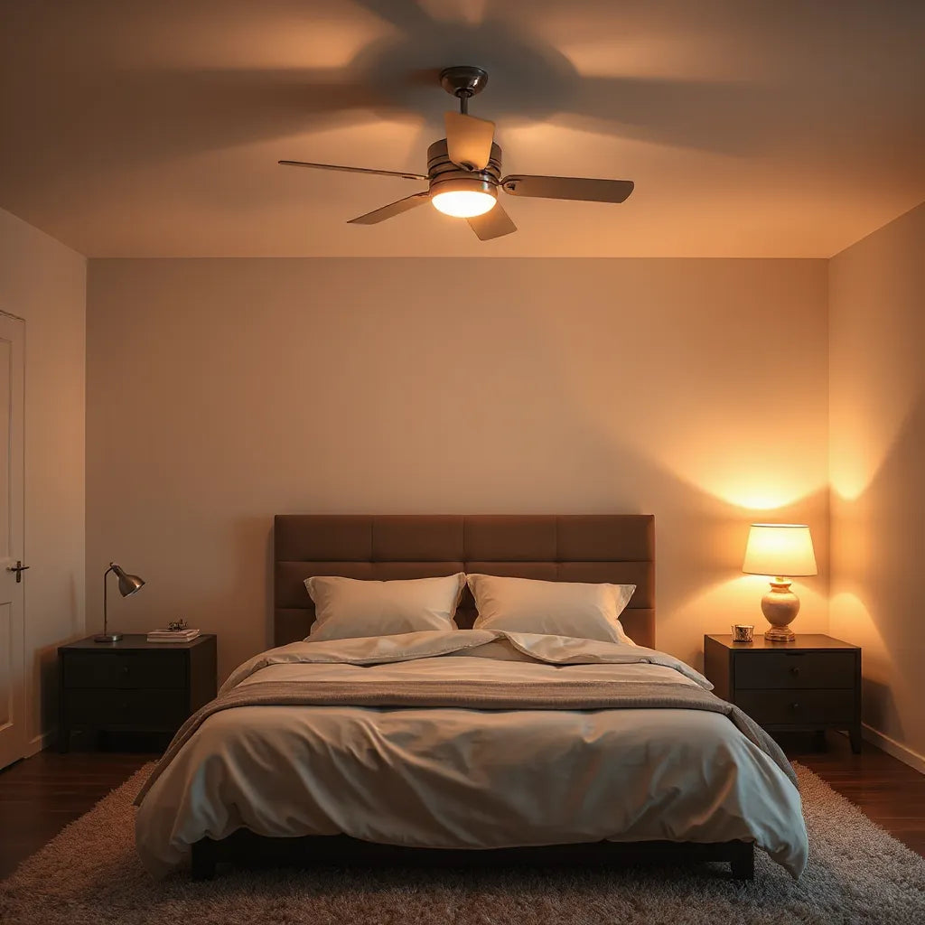 Ceiling fan above a neatly made bed in a softly lit bedroom for quiet, comfortable airflow