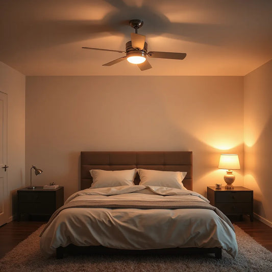 Ceiling fan above a neatly made bed in a softly lit bedroom for quiet, comfortable airflow