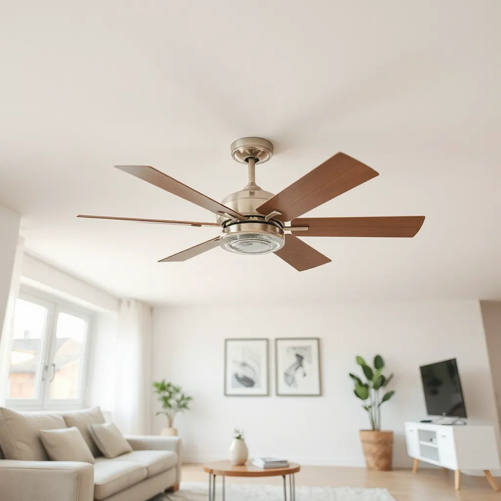 Modern ceiling fan in a bright living room with natural daylight and minimal decor