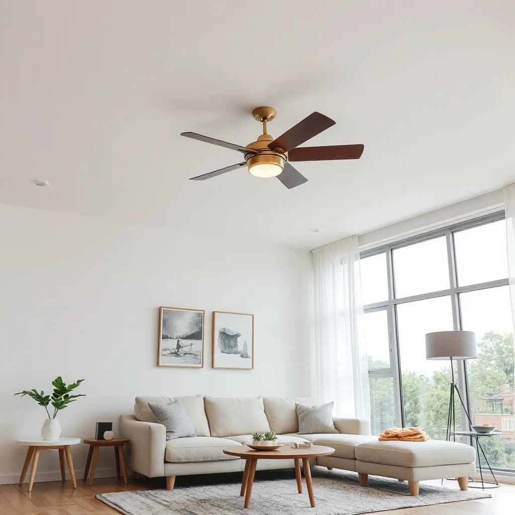Modern ceiling fan in a bright living room with contemporary furniture and neutral decor