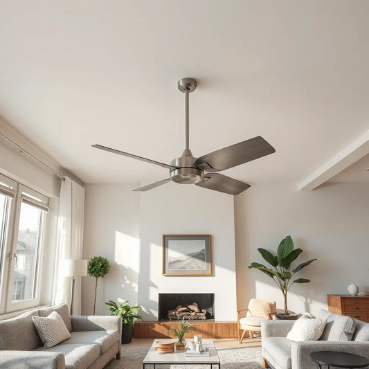 Modern living room with a sleek designer ceiling fan and neutral decor in soft daylight