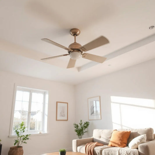 Ceiling fan installed overhead in a bright modern living room for better airflow
