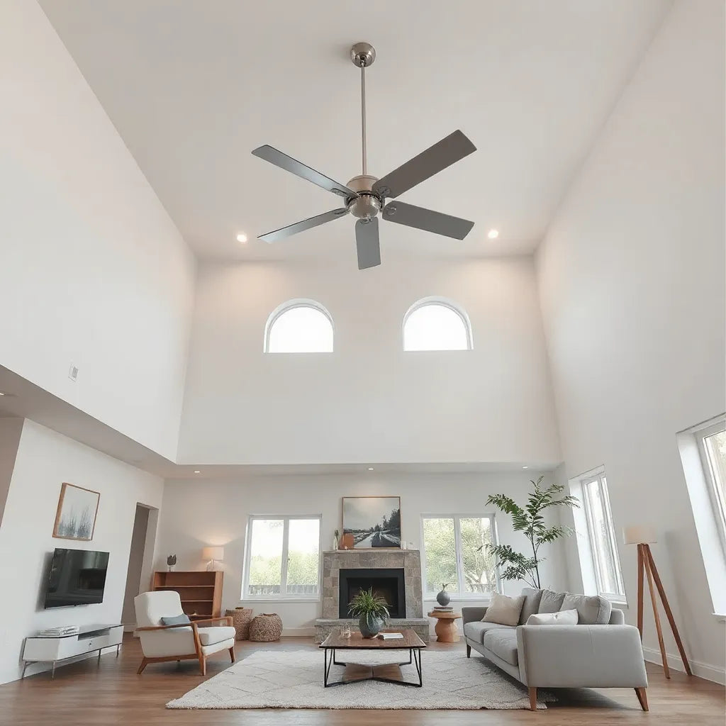 Large ceiling fan installed in a spacious high-ceiling living room with neutral decor