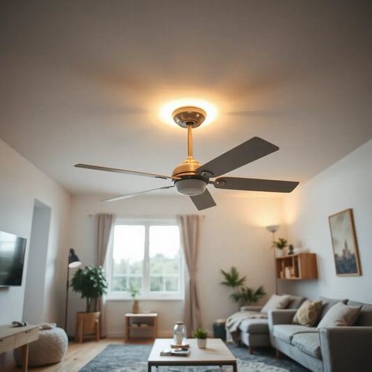 Modern ceiling fan with clean lighting in a bright, minimal living room