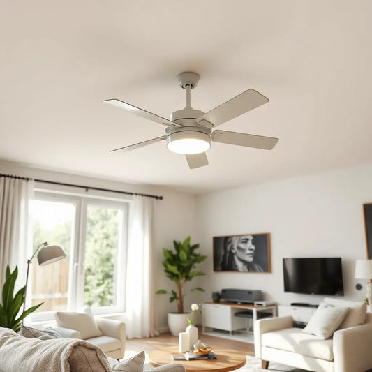 Modern living room with a ceiling fan delivering strong, efficient airflow overhead