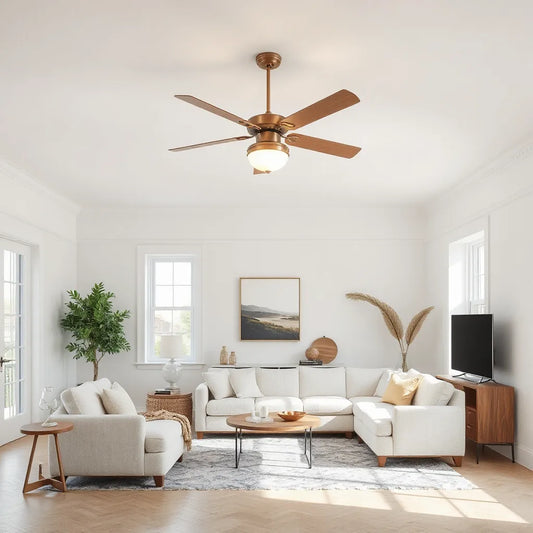 Decorative ceiling fan centered in a bright, modern living room with neutral decor