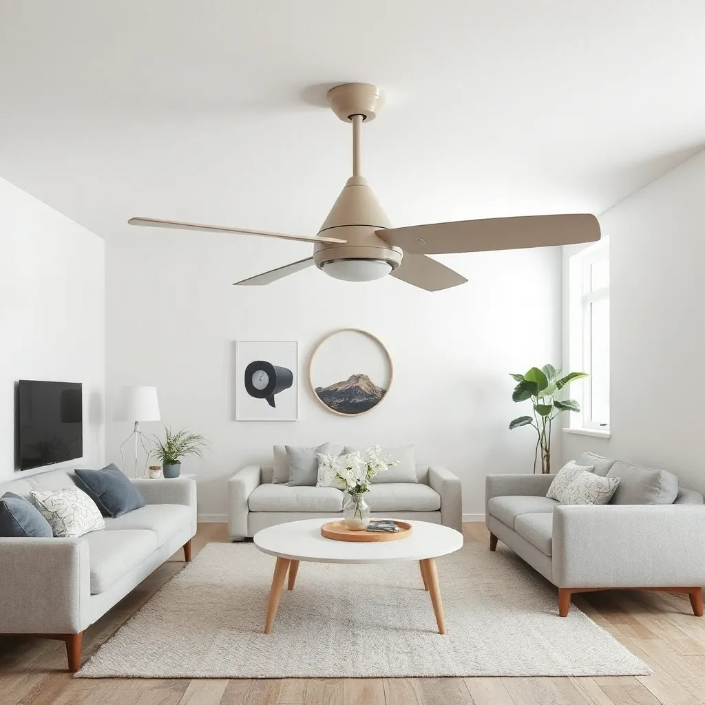 Sleek modern ceiling fan in a bright, minimalist living room with neutral decor