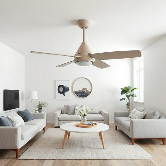 Sleek modern ceiling fan in a bright, minimalist living room with neutral decor