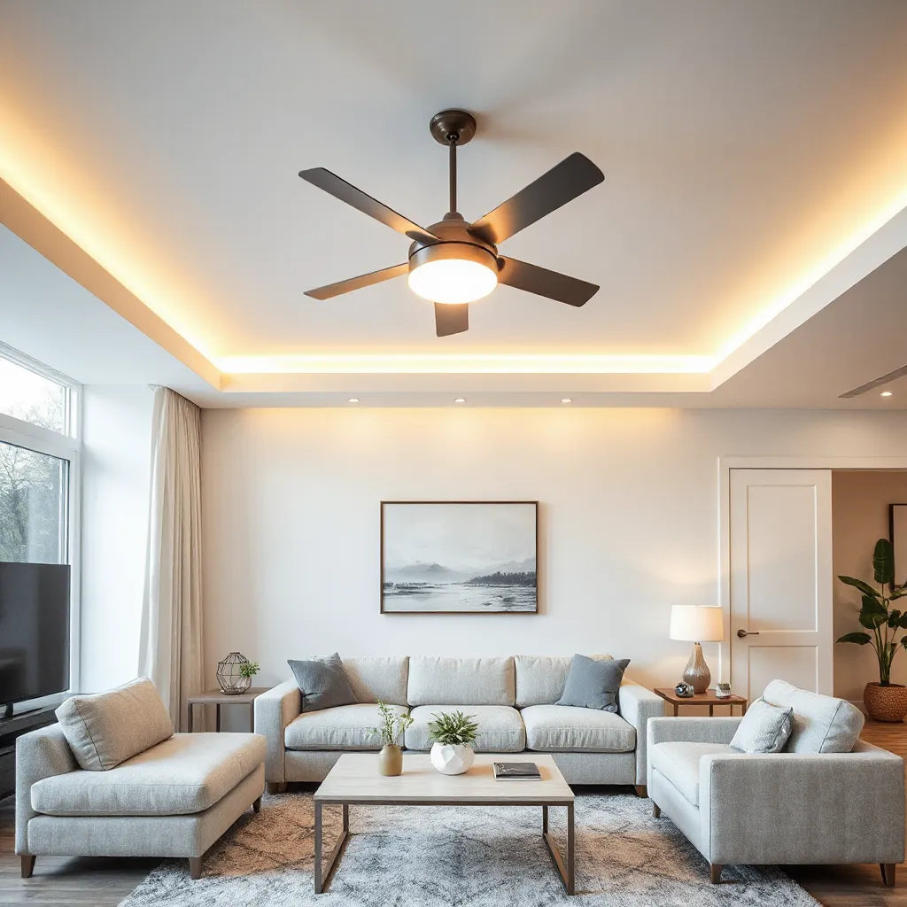 Modern ceiling fan with integrated light in a clean, neutral living room