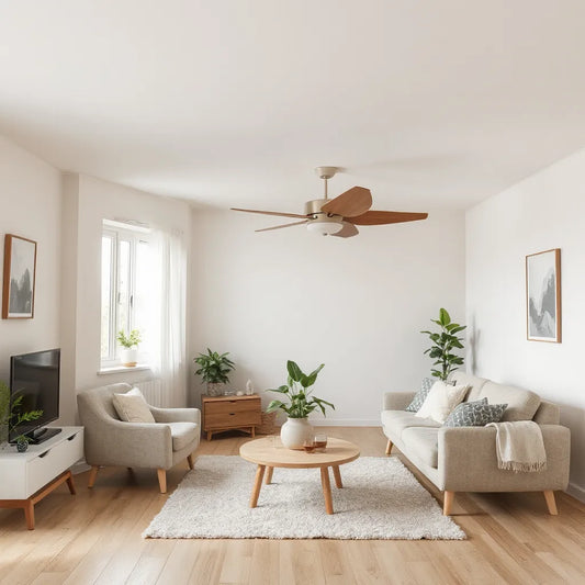 Modern ceiling fan in a bright, uncluttered living room with natural window light