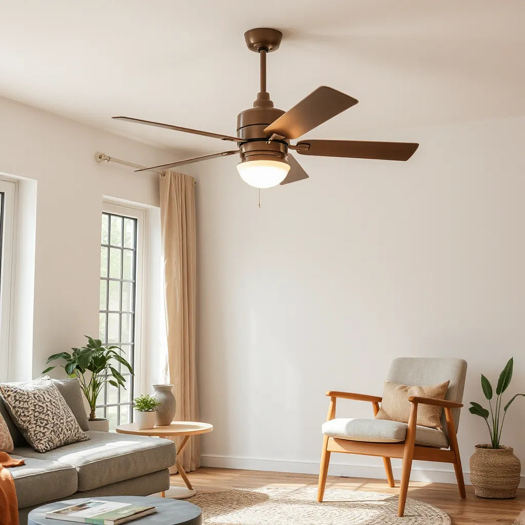 Modern ceiling fan in a bright living room, with visible airflow and an uncluttered interior