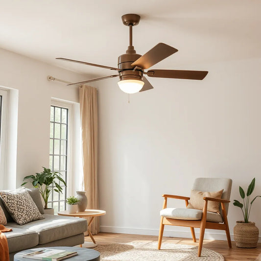Modern ceiling fan in a bright living room, with visible airflow and an uncluttered interior