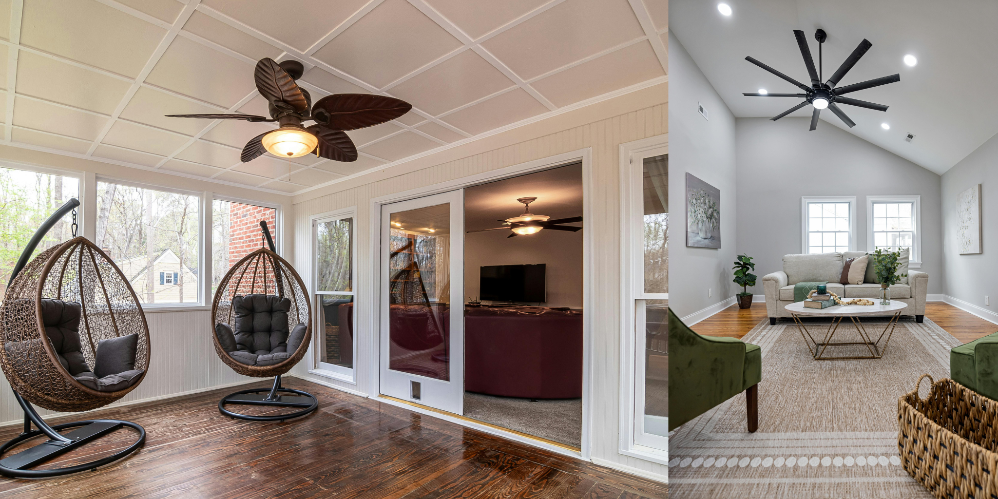 Living room with modern decor, including a ceiling fan and wicker chairs.